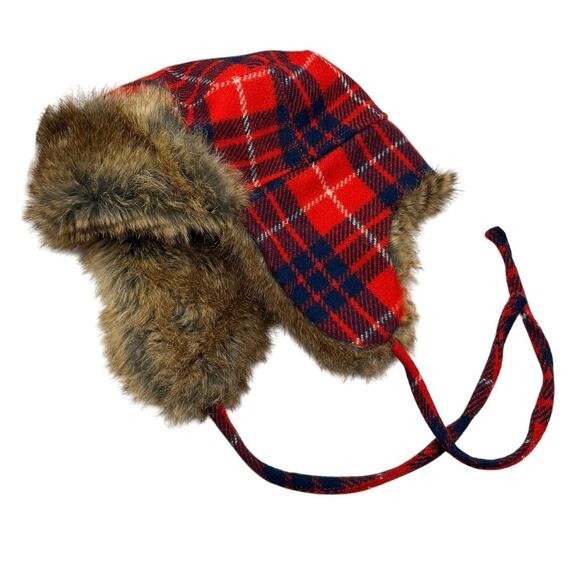 J.Crew Wool Trapper Hat Red Faux Fur Trim Lining Ultra Soft Warm NEW Size M/L - Picture 1 of 7